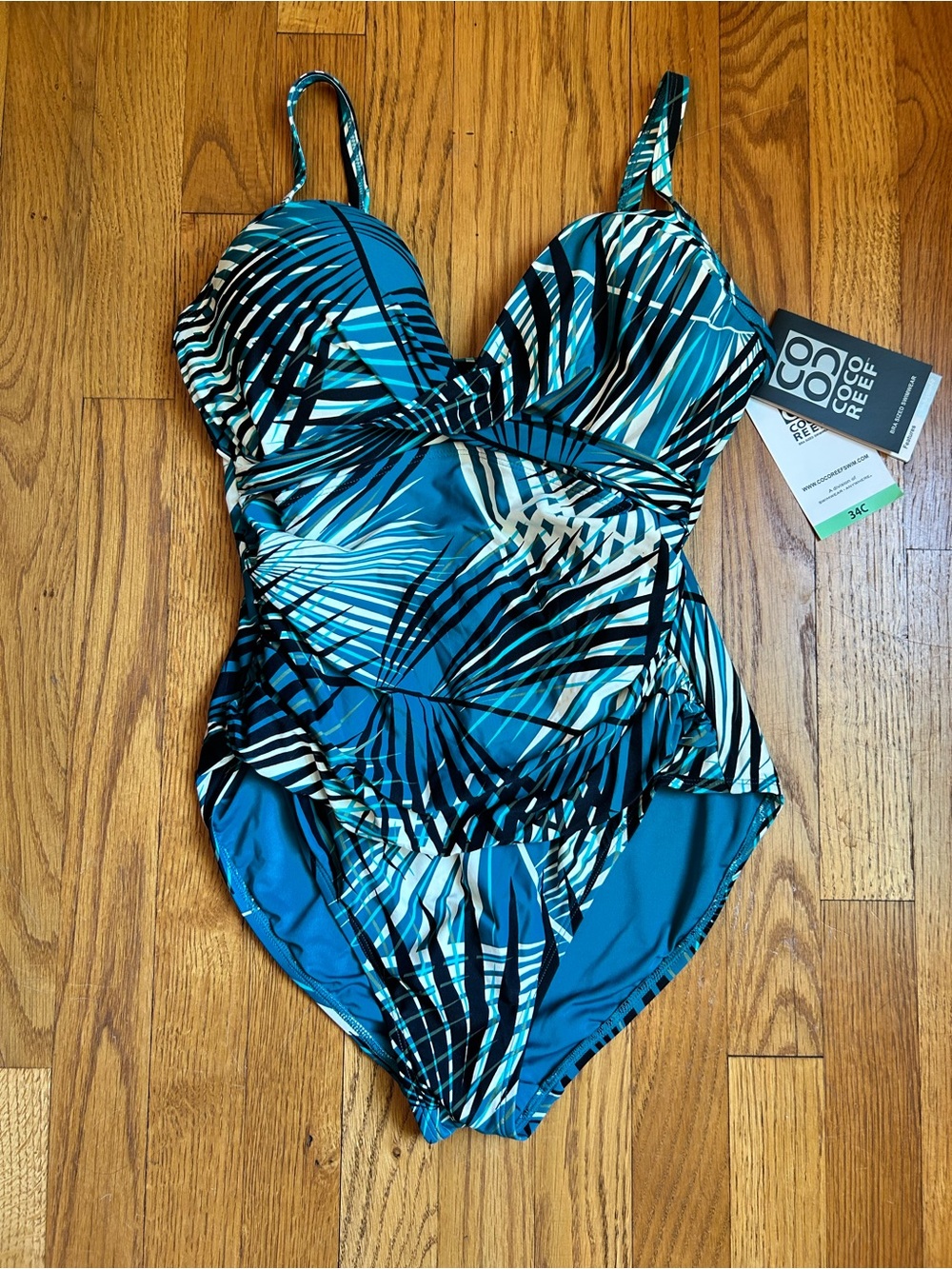 Coco Reef Teal and Black Palm-Print One-Piece Swimsuit 34C